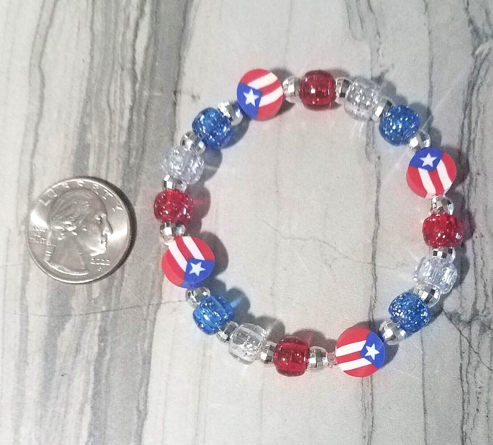 Puerto Rico Flag Stars & Stripes Beaded Stretch Bracelet. Red White & Blue PR