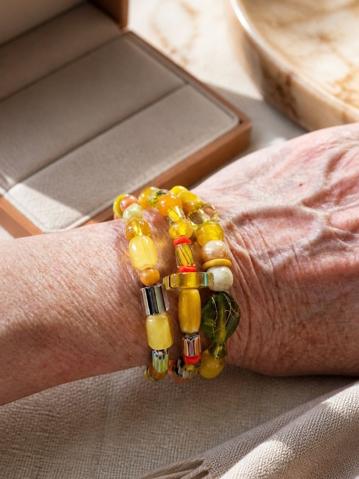 Handmade Yellow And Green Glass Bead Bracelet 3 Piece Stack – Women Jewelry