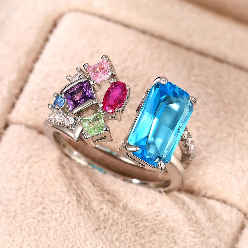 Colorful Geometric Band Ring Simulated Zirconia Silver Tone Adjustable Jewelry