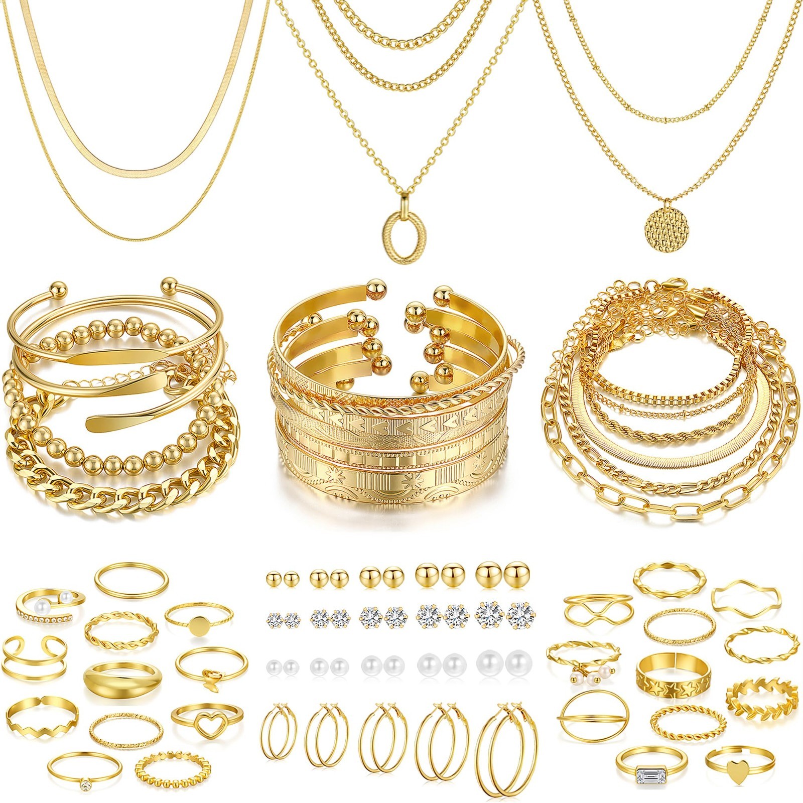 68 Pcs Gold Jewelry Set for Women – Necklaces, Bracelets, Earrings & Rings Gift