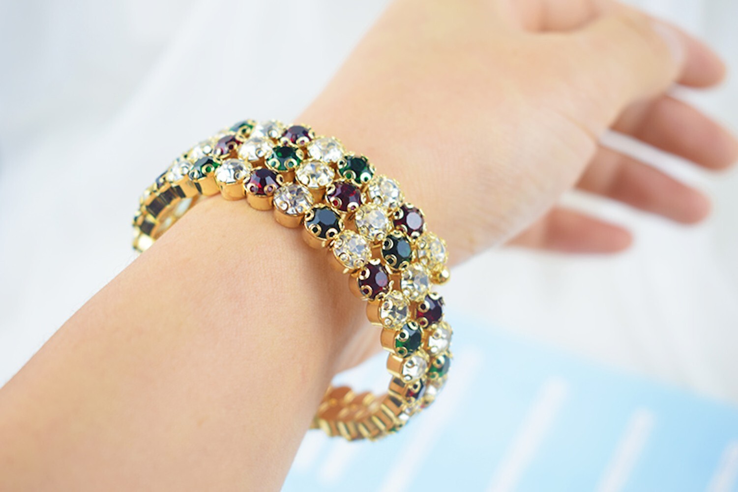 Multi Color 3 layer Crystal Cuff Fashion Jewelry Charm Stretch Bangle Bracelet
