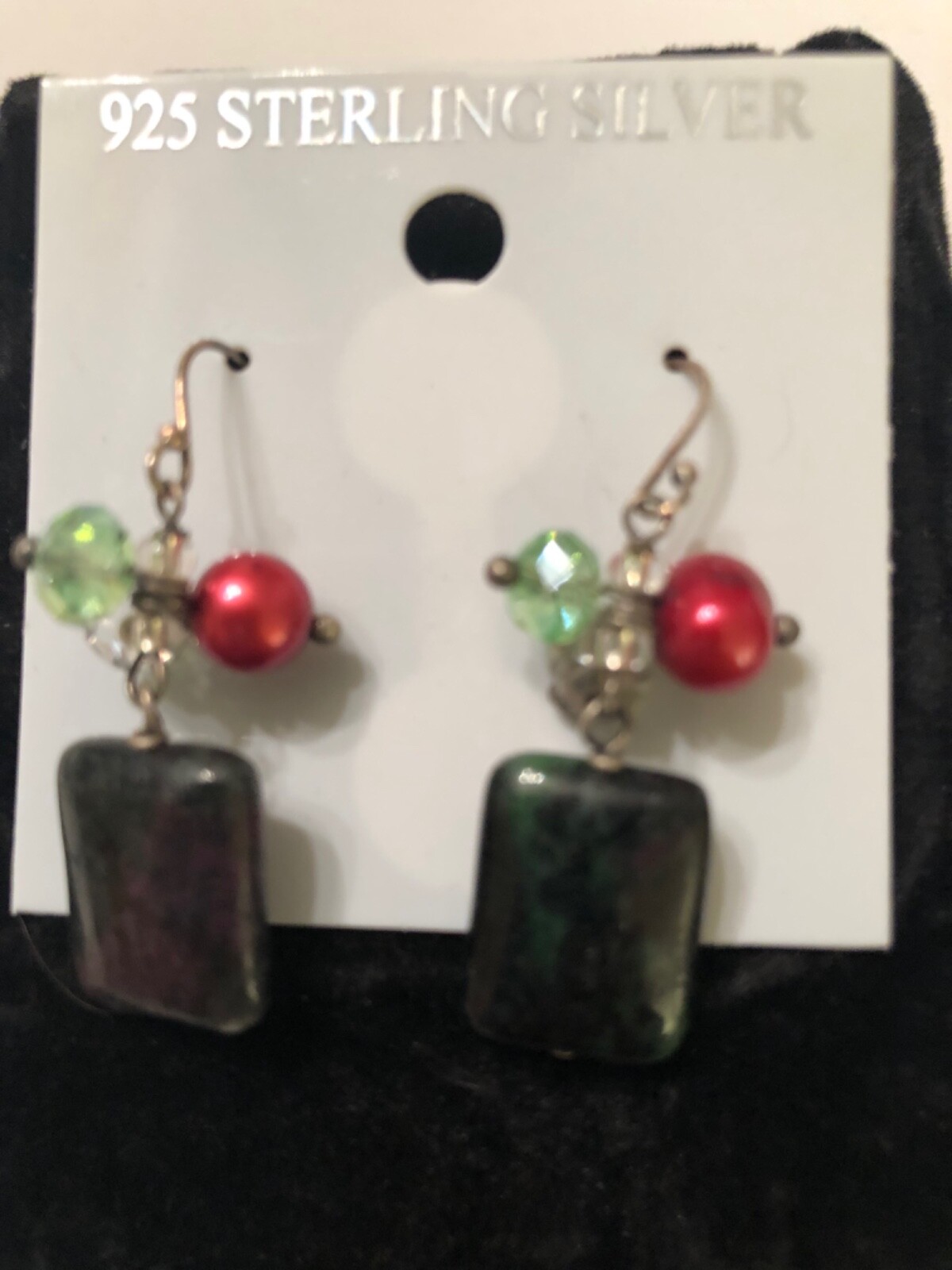 925 Sterling Silver Anyolite Stone with Crystal Bead Dangling Earrings Handmade