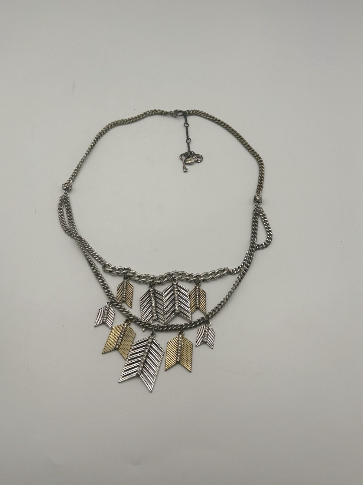 Fossil Layered Chevron Statement Necklace Silver Gold Tone Mixed Metal
