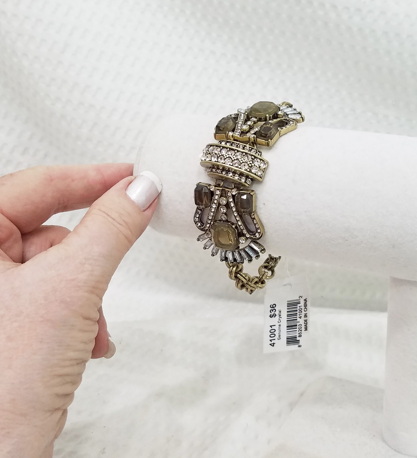 New! Signed ViVI White and Smoky Taupe Crystal Art Deco Brass Tone Bracelet