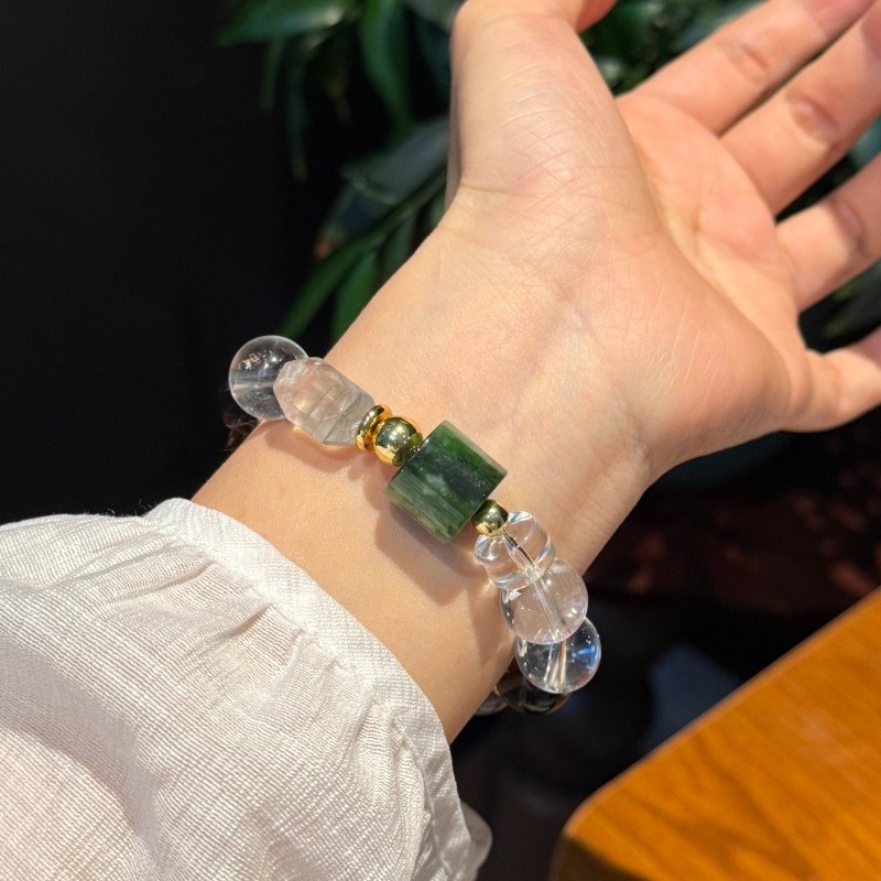 13mm Natural White Crystal, Smoky Quartz, Jasper Handmade Bracelet
