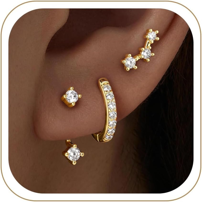 3 Pairs Dainty Small Earrings Set for Women Trendy, Birthstone Stud Huggie Hoop