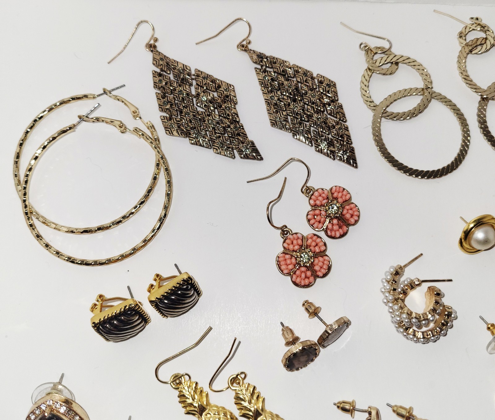 Lot of Earrings 13 Pair Gold Tone Dangles Hoops Studs Pierced Varied Styles EUC