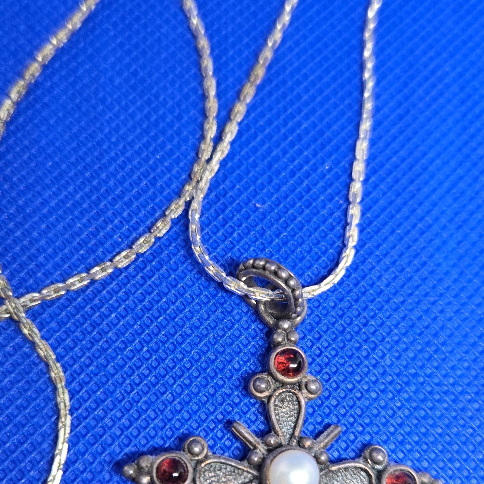 Silver-Tone Cross Pendant Necklace w/ Pearl Center & Garnet Accents
