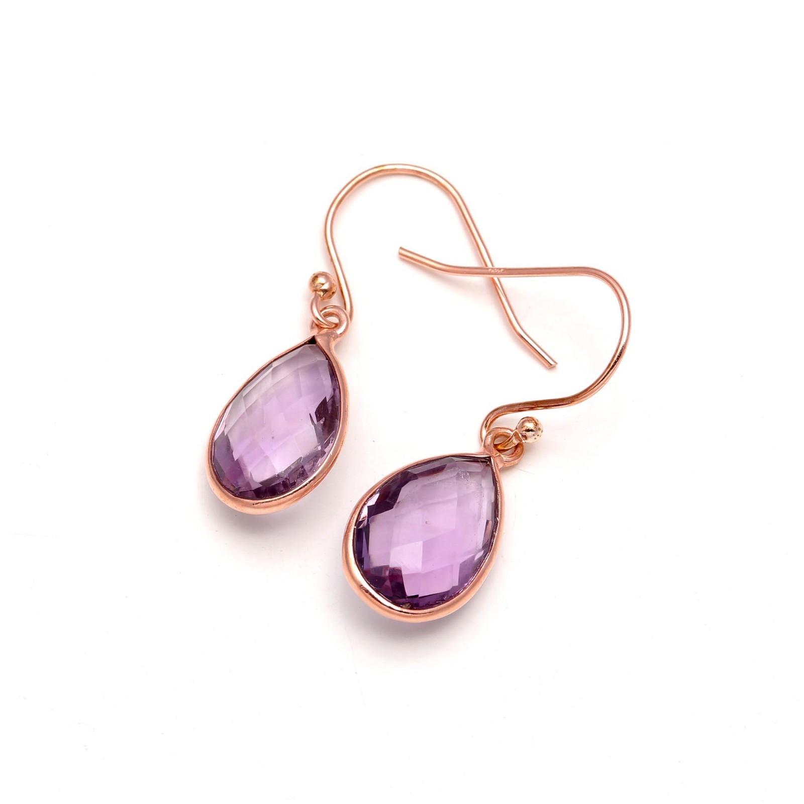 Natural Pink Amethyst Pear Dangle Earrings Rose Gold Plated Solid Silver Jewelry