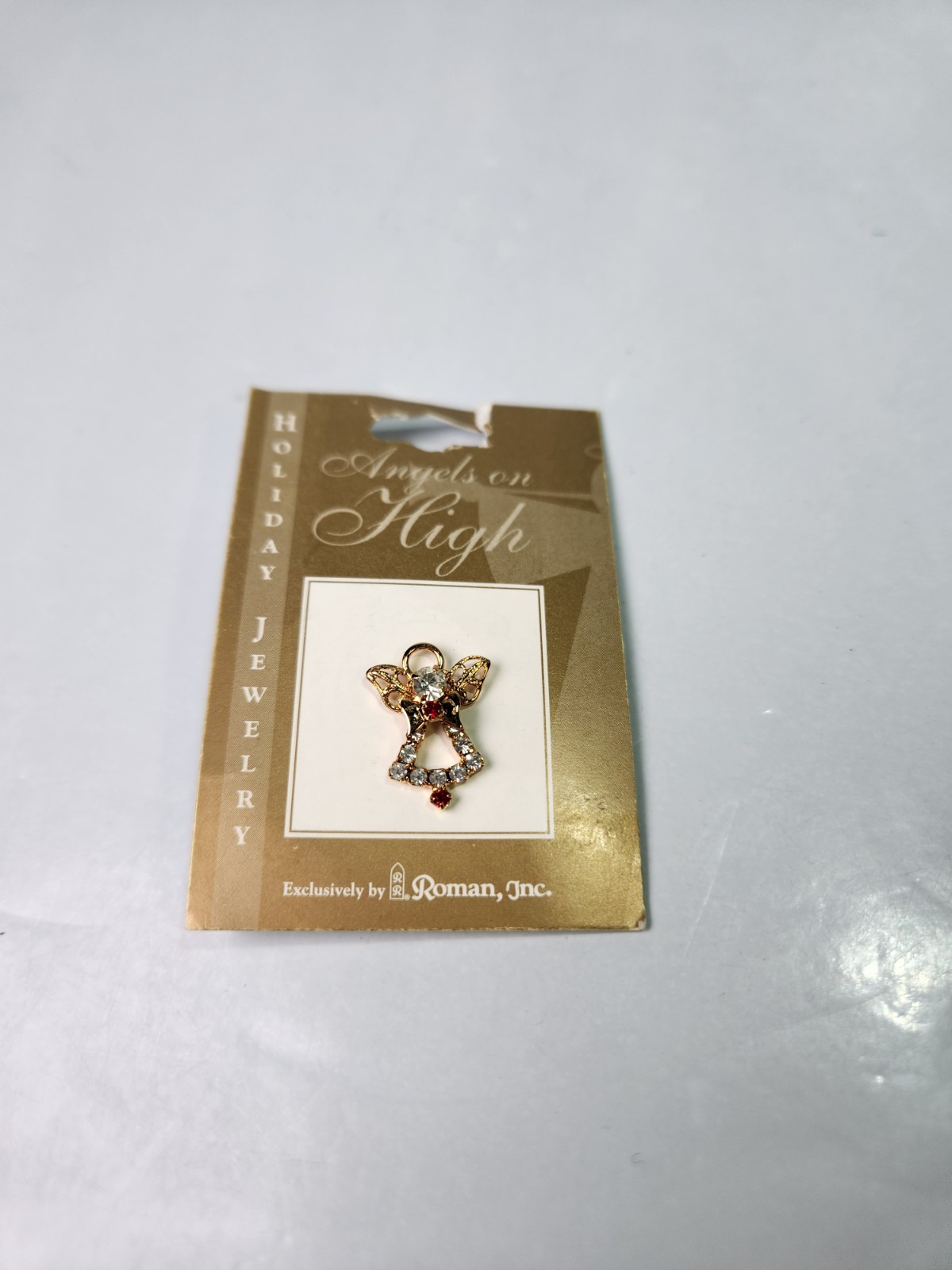 Christmas Pin Angels On High by Roman, Inc Gold Tone Red And Clear Crystals 2001