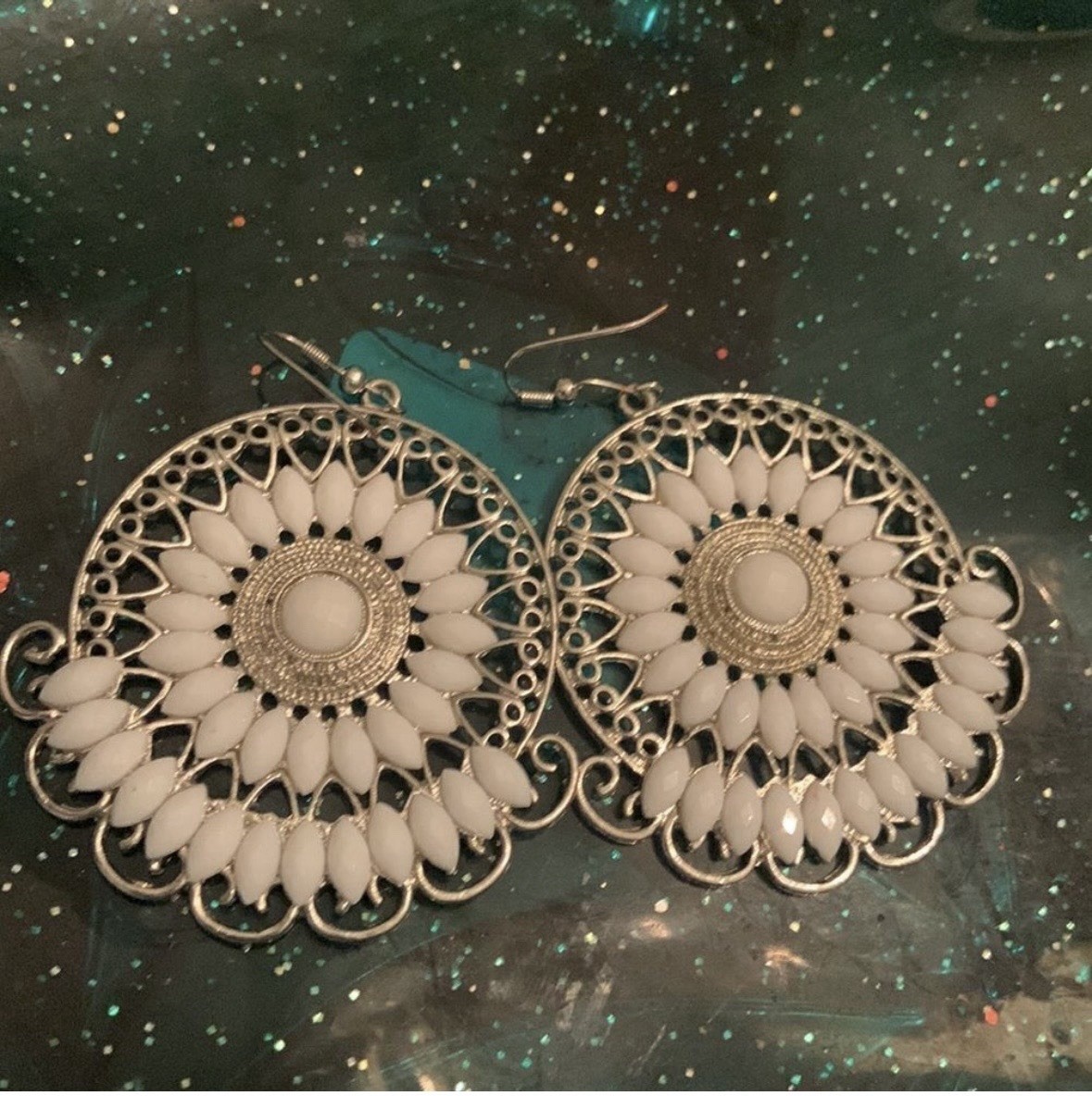 Silver Tone White Round Dangle Drop Earrings, Metal, No Stone, Hook, Lobe