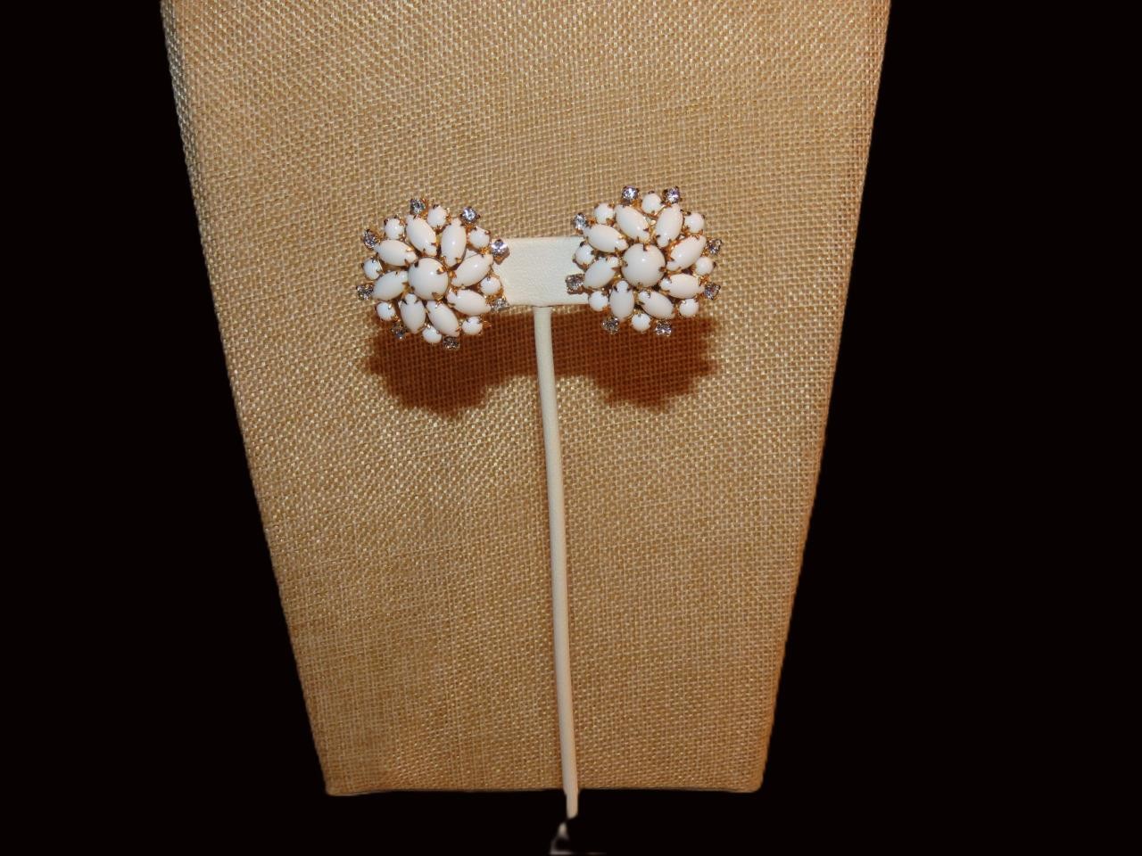 Hobe white milk glass & clear rhinestone earrings; 1 1/4 inch round; vintage