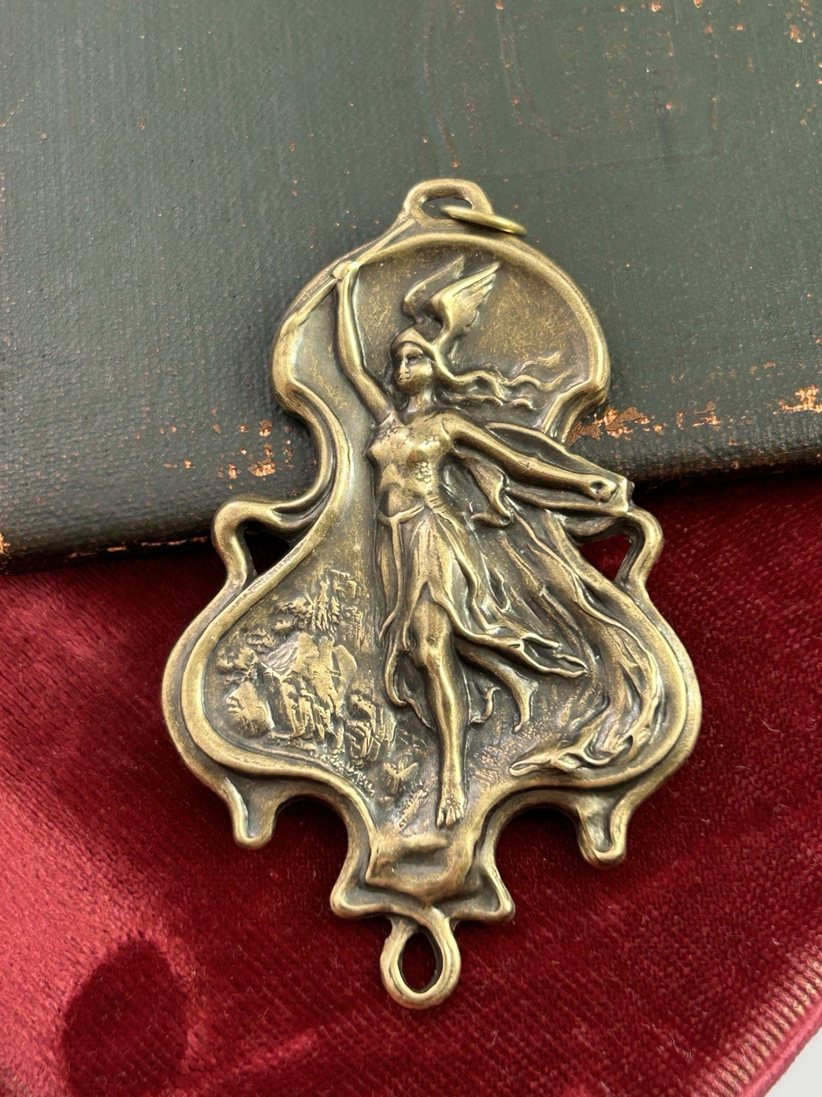 Winged Victory Charm Nike Goddess Art Nouveau Pendant Antiqued Brass Jewelry