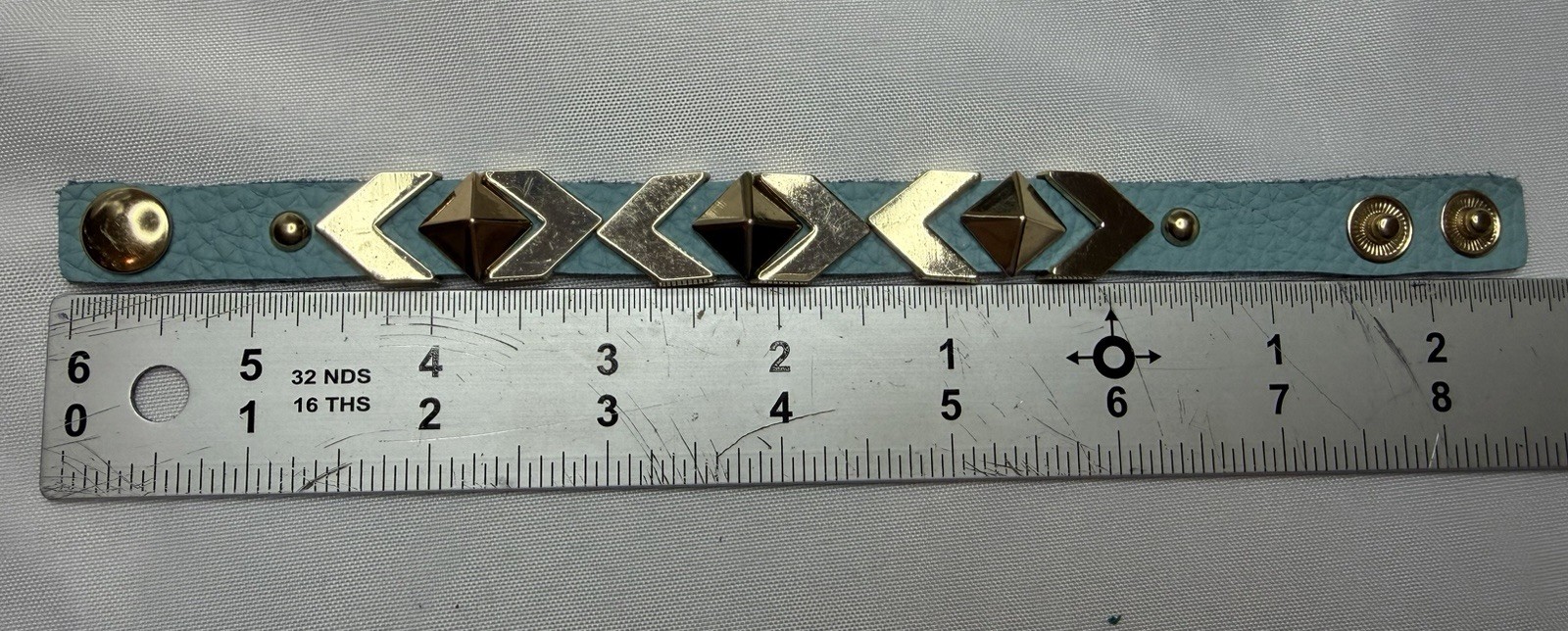 Blue Faux Leather Snap Cuff Bracelet Adjustable 8 in Gold Chevron Studs
