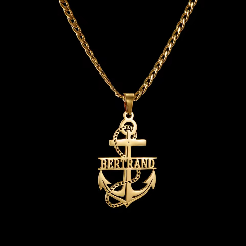 Custom Name Pirate Anchor Pendant Necklace Cuban Chain Gift Jewelry Men Women