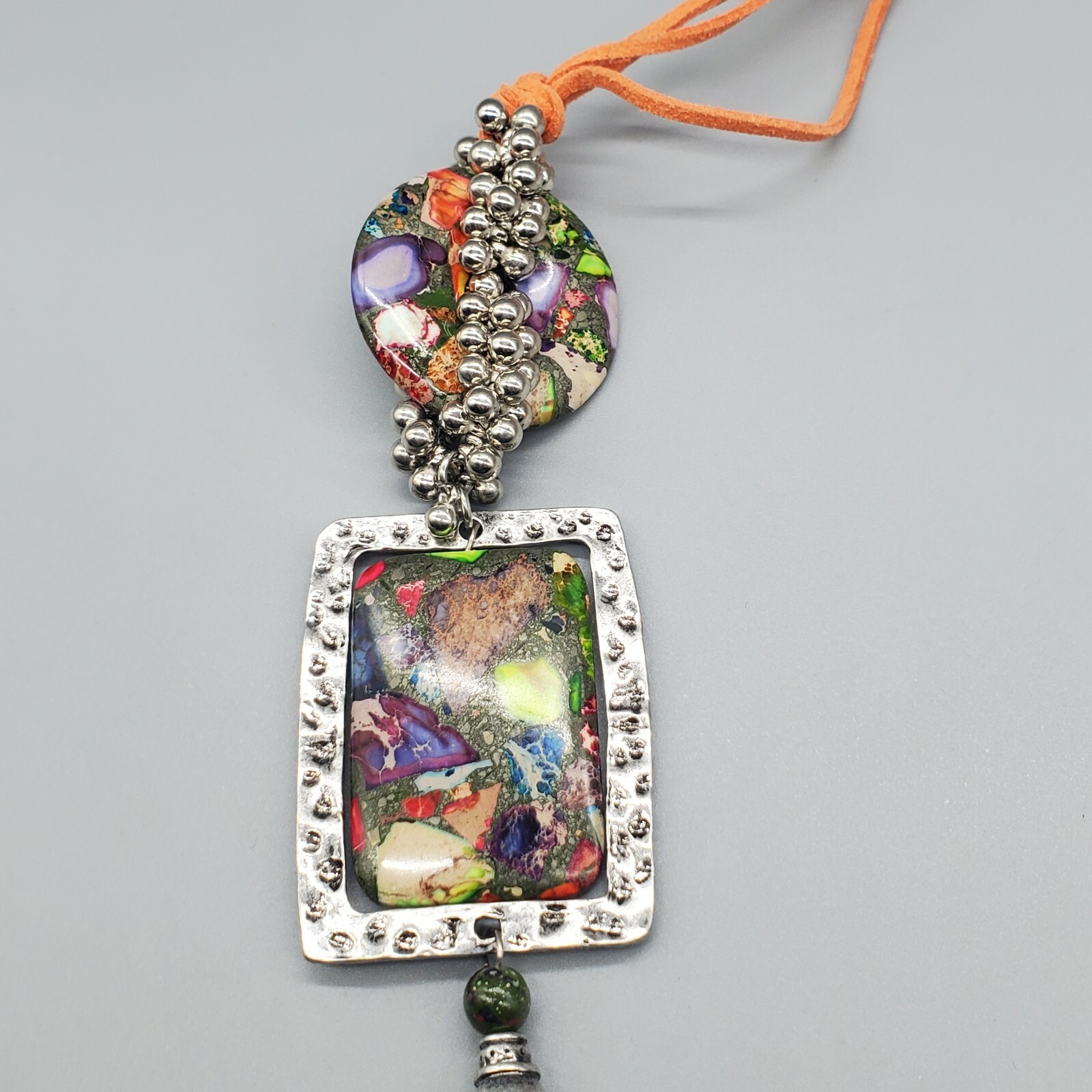 Large Mosaic Statement Necklace Donut Spinning Square Pendant Tassel Suede Cord