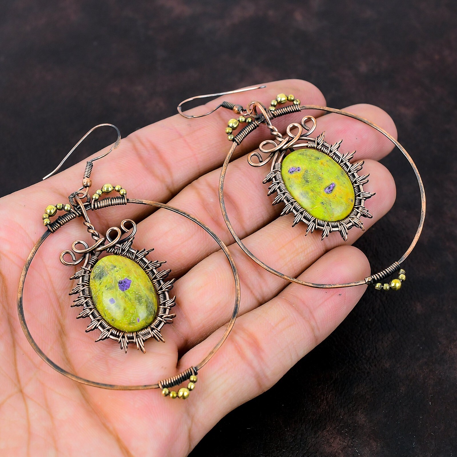 Gift For Her Stichtite Wire Wrapped Drop/Dangle Earrings Copper Jewelry 3.35″