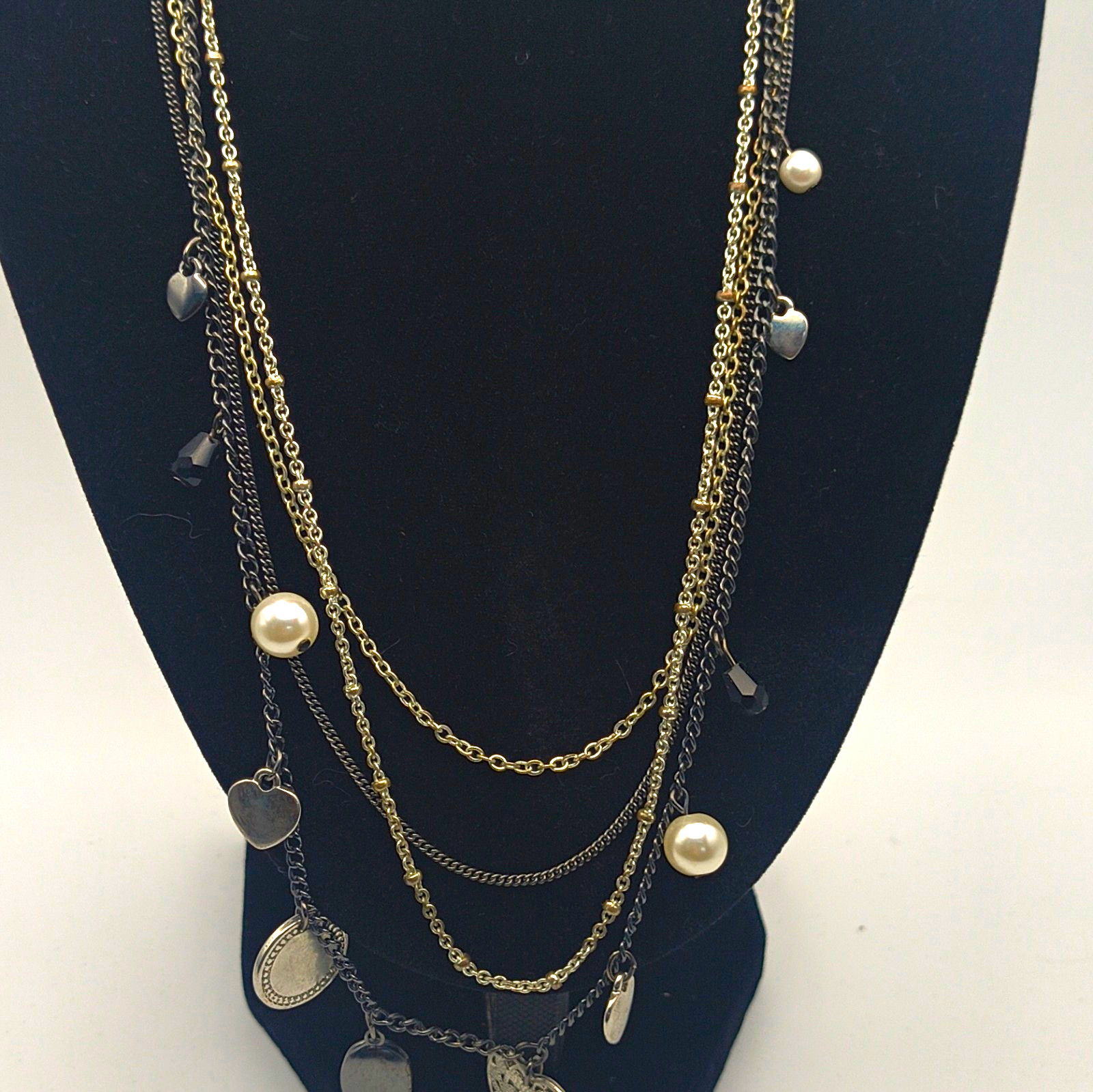 Express Gold Tone Layered Cable Chain Necklace Pearl Crystal Heart Charm Signed
