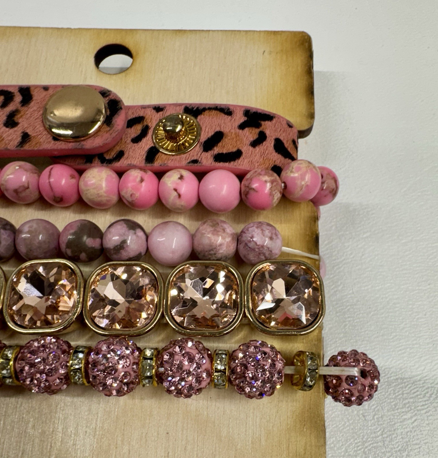 SANDRA LING UPCYCLED BRACELET STACK ACRYLIC AND GLASS LEATHER GOLD TONE PINK