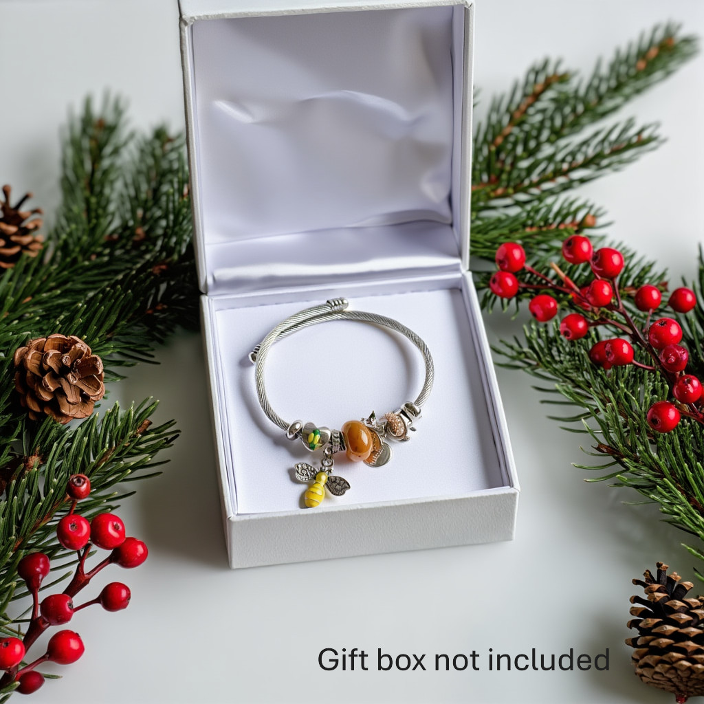 Honey Bee Bracelet for Women Silver Bangle with Charms, Cute Bee Gift Jewelry