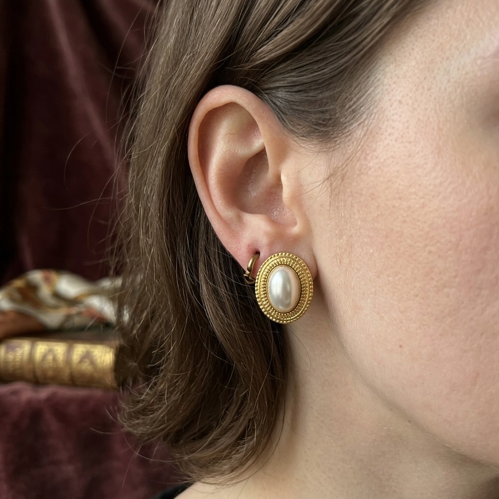 Vintage Gold Tone Oval Pearl Stud Earrings Elegant Pierced Jewelry for Women