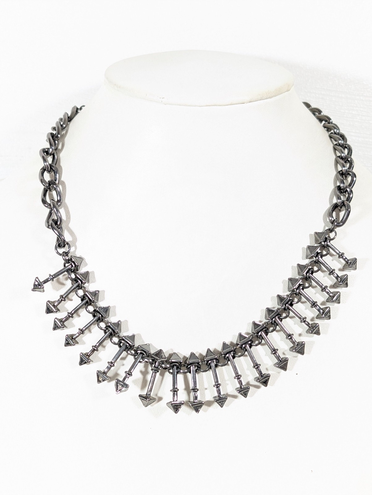 Gunmetal Gray Bar Bell Pyramid Chain Statement Necklace 19.5 in
