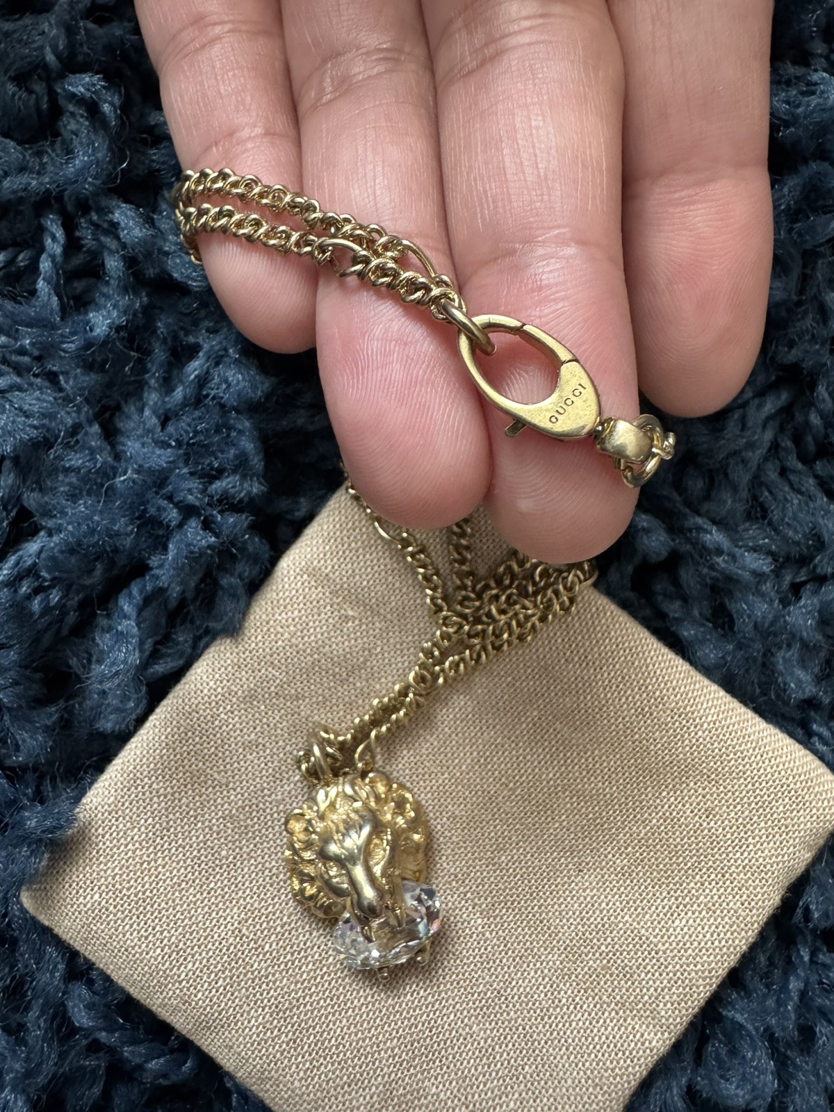 Gucci Lion Head Crystal Pendant Necklace Gold Plated 23.6in Chain Unisex