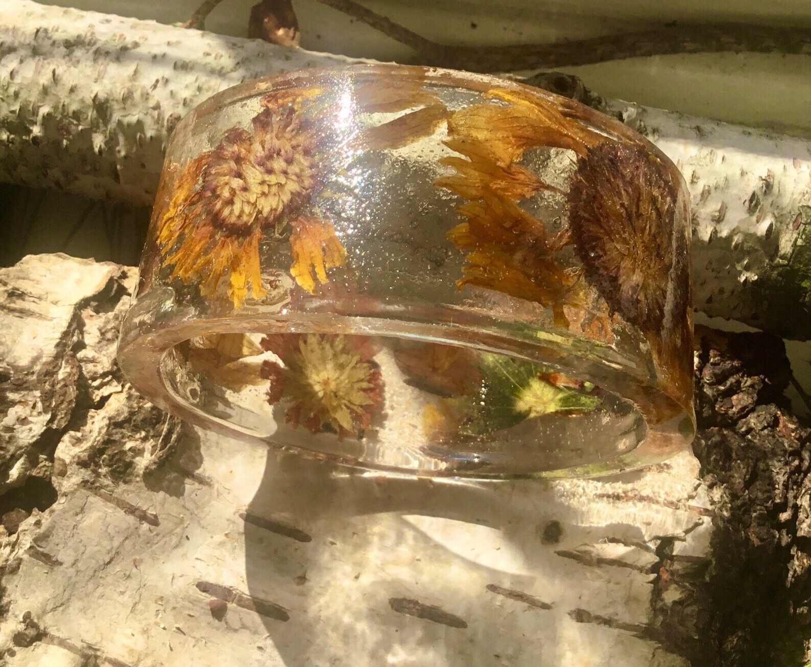 Sunflowers bracelet, real dry pressed flowers bangle bracelet, resin bangles