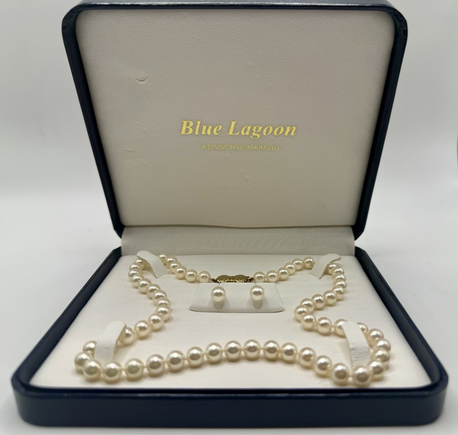 Mikimoto Blue Lagoon PEARL 7mm 185 Necklace Earrings 14k Gold Set Box G2U
