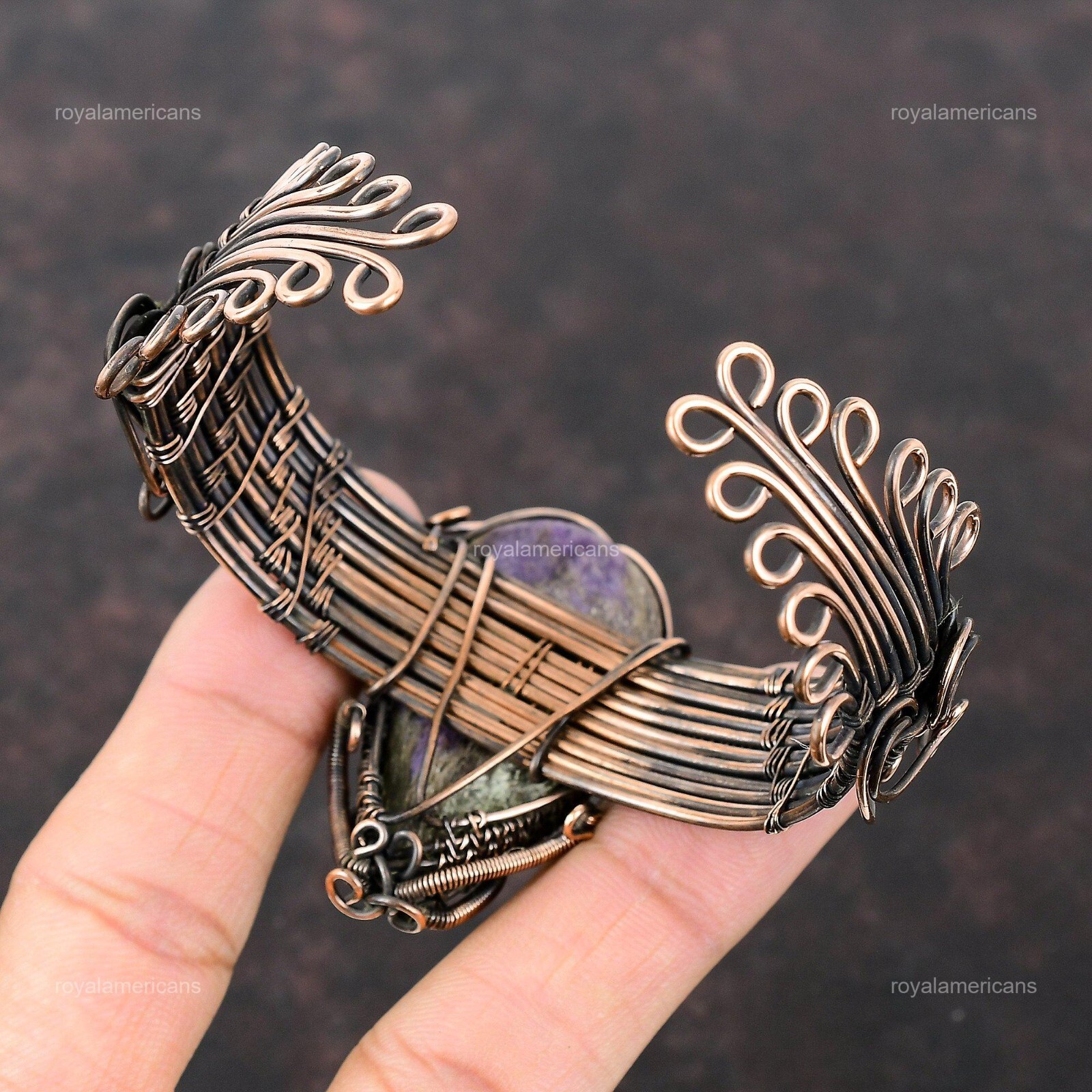 Womens day Sale Copper Russian Charoite Gemstone Christmas Wire Wrapping Bangle