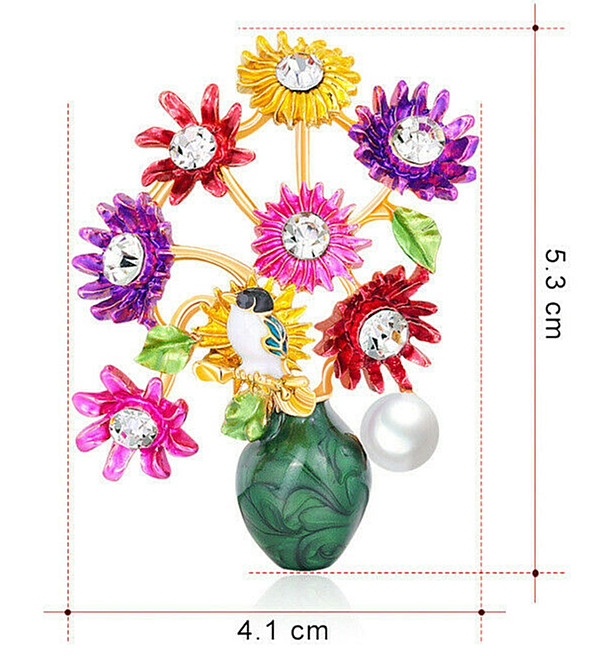 Summer Time RAINBOW Flowers VASE Bouquet BIRD Rhinestone Necklace Pendant Brooch