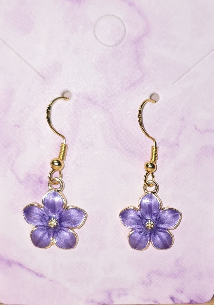 Dangle Enamel Purple Cherry Blossom Flower Earrings .925 Sterling Silver Hooks