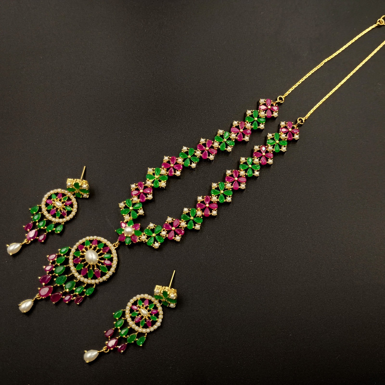 Royal Ruby Emerald Pearl Choker Set 22k Gold Plated Indian Temple Bridal Jewelry