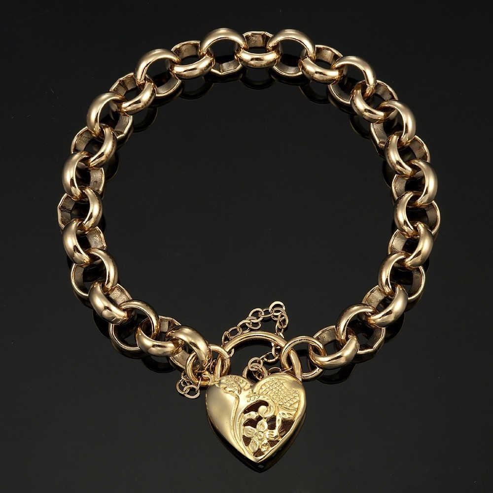 18K GL Solid Thick Chunky Belcher Gold Bracelet with Half Filigree Heart Padlock