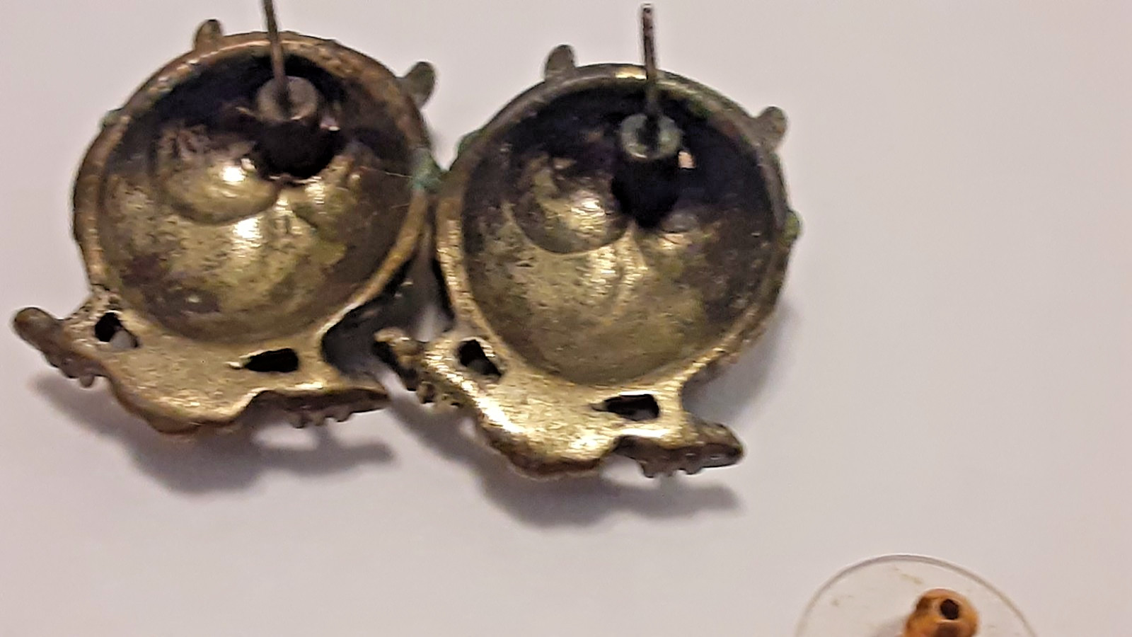 Owl Earrings Pierced Vintage RS blue Red Clear Gold Tone 1″ x 3/4″ Good Quality