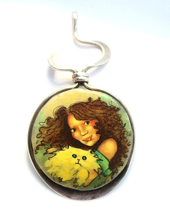 Silver Pendant with Handpainted Girl and Cat on Glass 9.4 grams 2 3/8” long