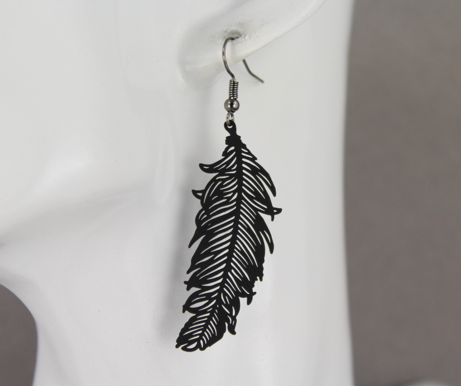 Black feather earrings dangle metal filigree feather lightweight 2.5″ long