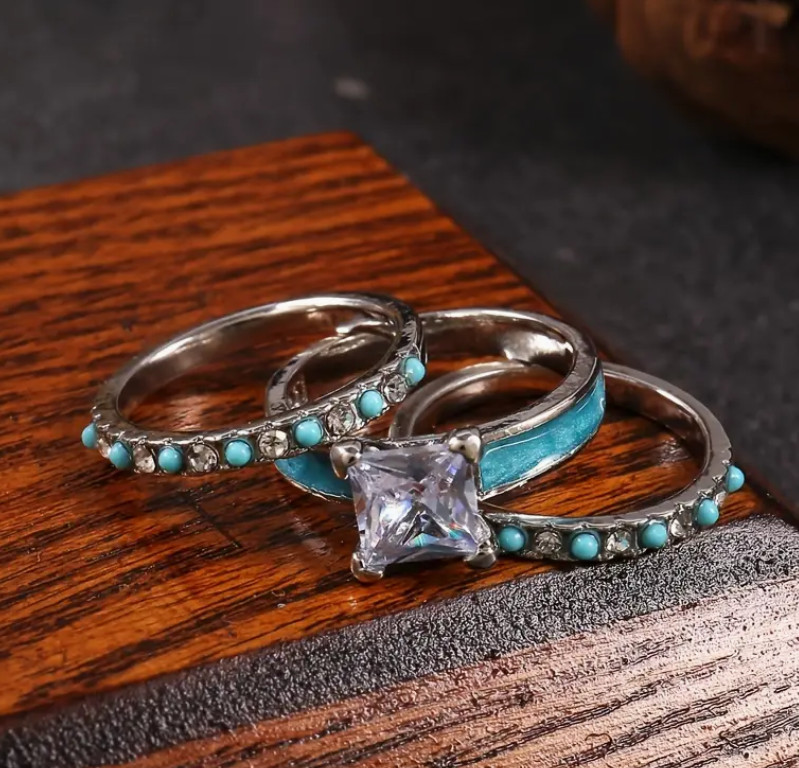 3pc Bohemian Style Antler Stacking Rings 925S Plated Inlaid Turquoise Sz 7-11