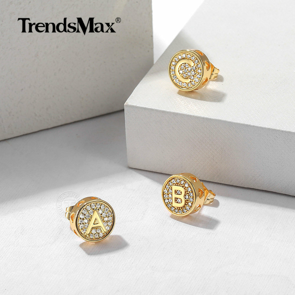 CZ Stud Earrings For Men Women 26 Letter Initial Studs Earrings Gold Plated Xmas