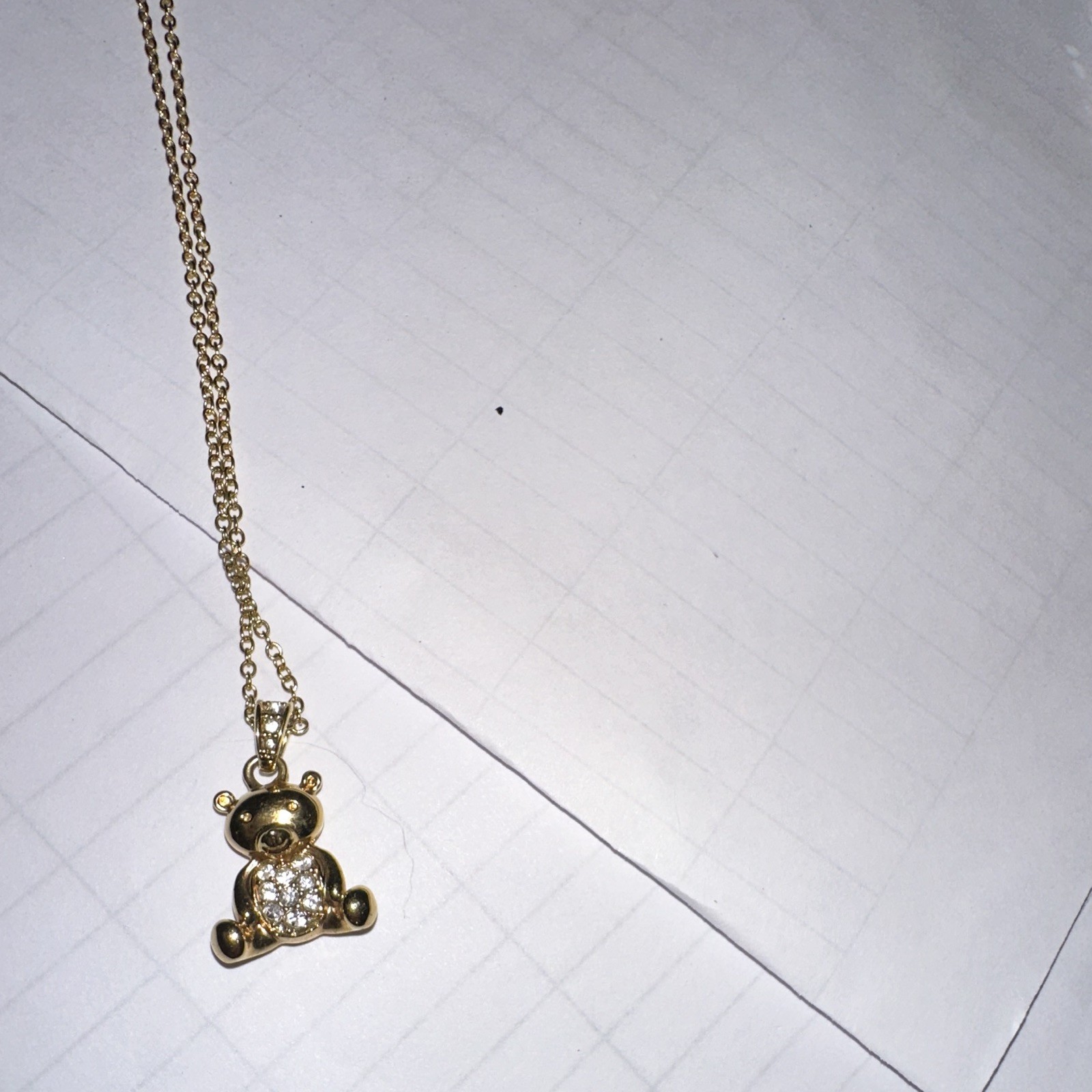 Gold Tone Teddy Bear Charm Pendant Necklace w/ White Crystal Belly, Cable Chain