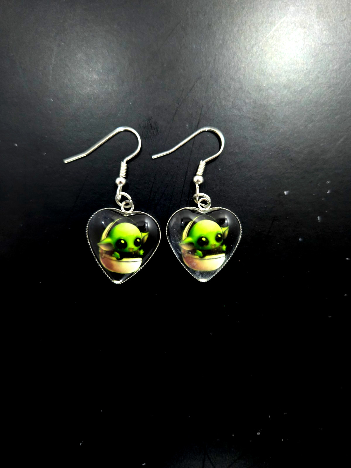 Cute Grogu Baby Yoda Heart Dangle Earrings Star Wars Mandalorian Fan Art Jewelry