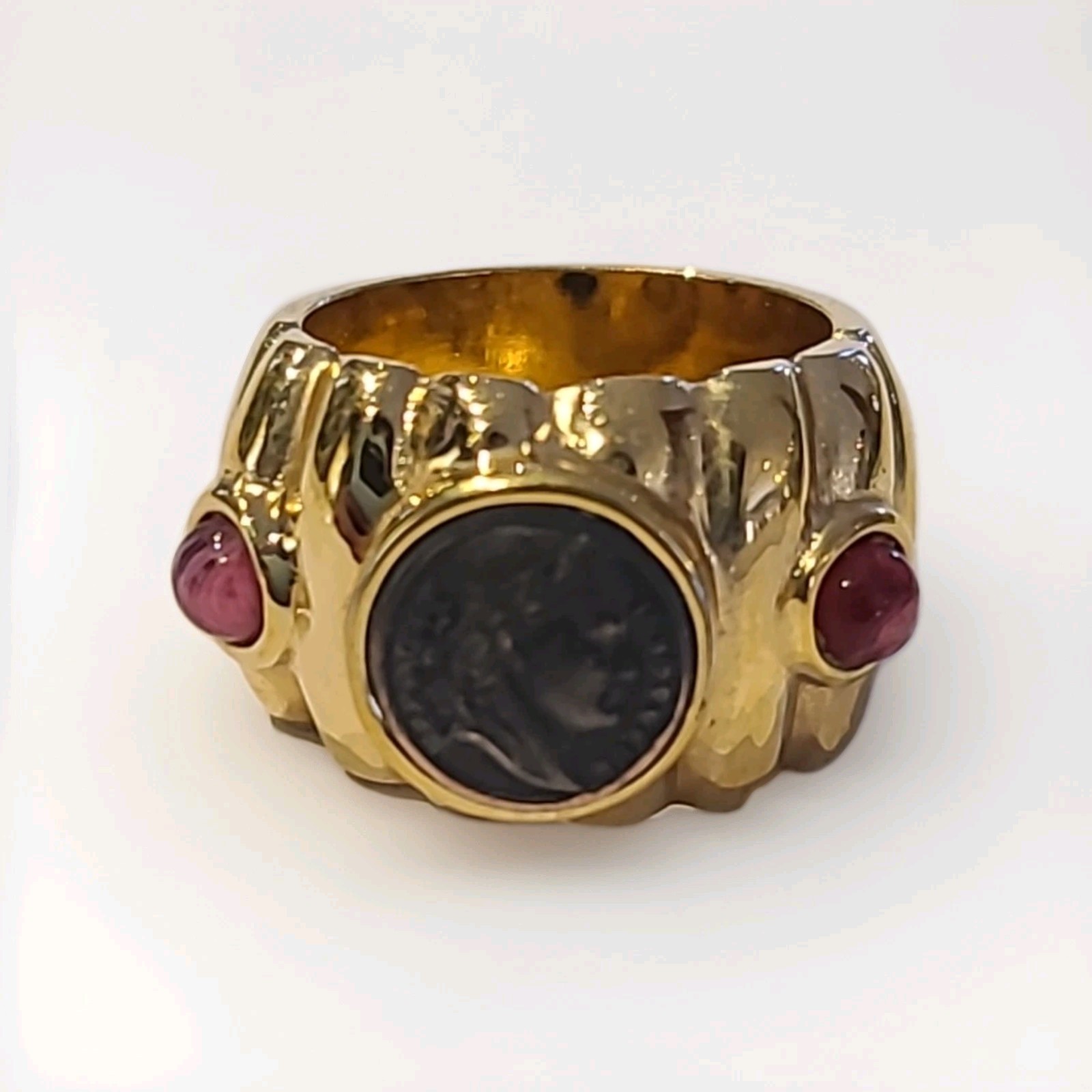 GOLD PLATED GRIPOIX GLASS NAPOLEON STONE COIN RING SIZE 5.5 MEN WOMEN UNISEX
