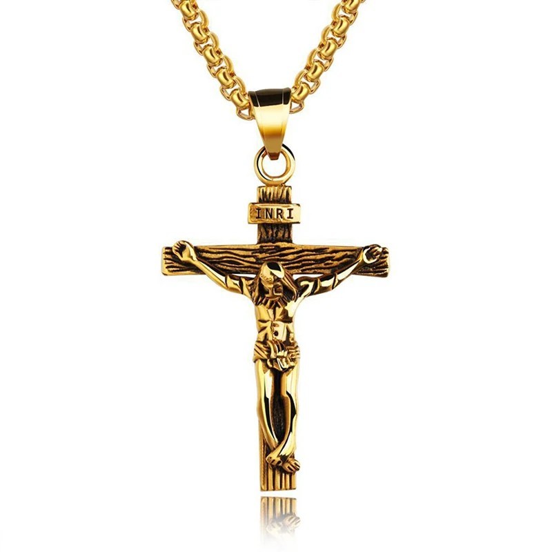 Men Stainless Steel Jesus Christ Crucifix Cross Pendant Chain Necklace