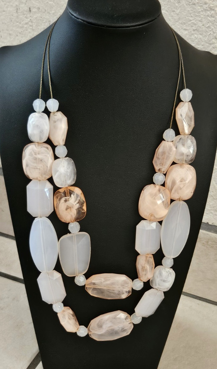 Pale Peach 2 Strand Multi Shaped Plastic Faceted Bead Bib Statement Necklace