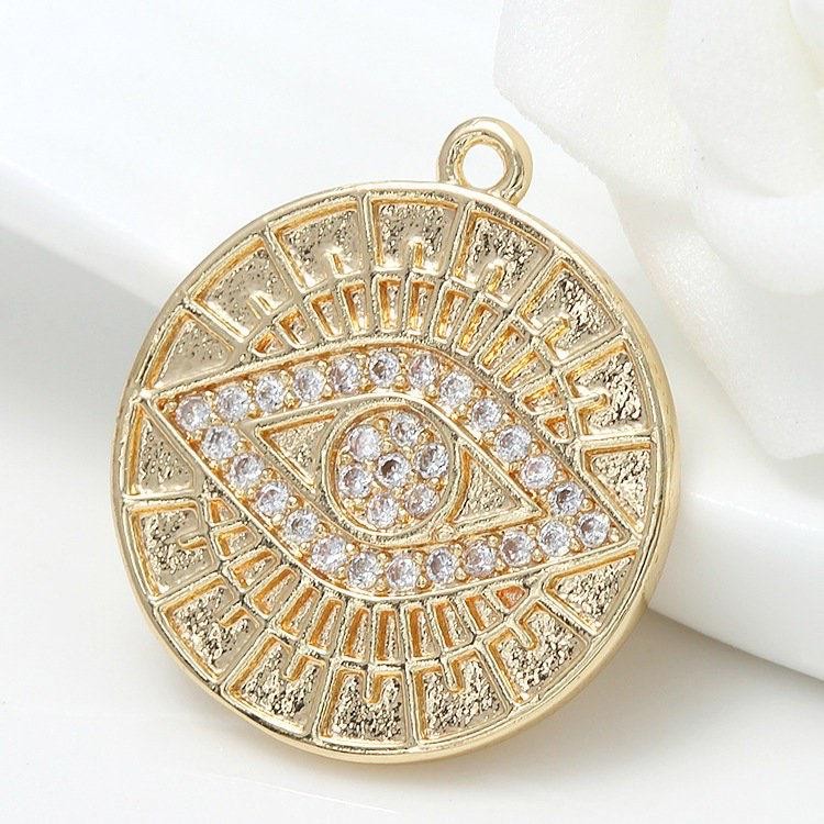 2PCS 18K Gold Plated Charm Pendant, Cubic Zirconia Minimalist Charm, Evil Eye R