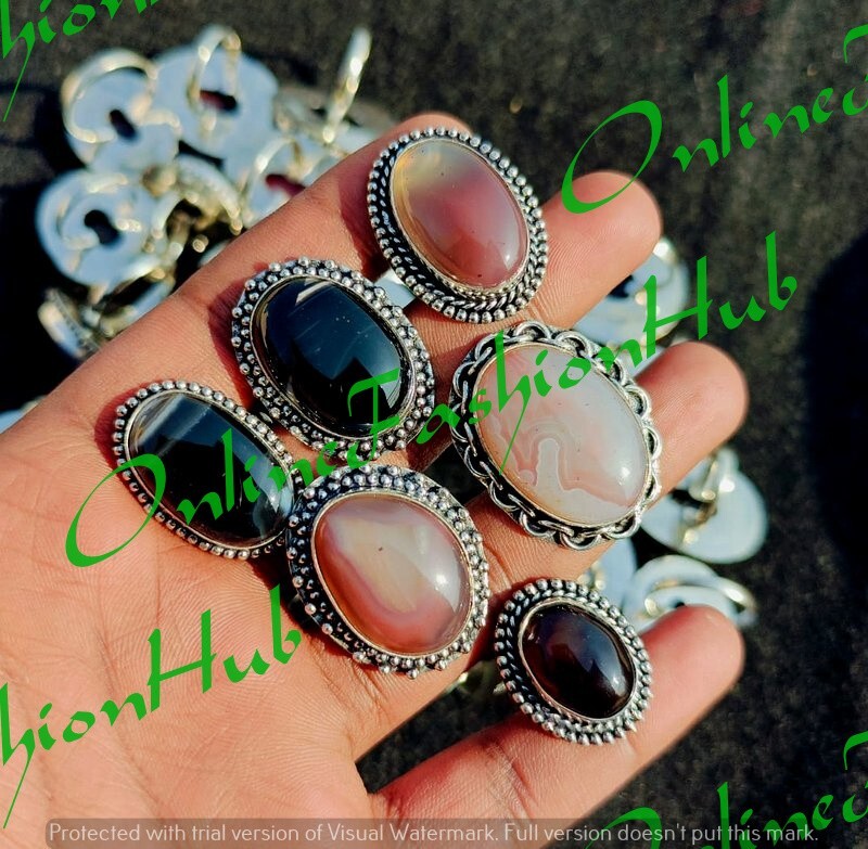 “Bulk Lot of Banded Agate Gemstone Rings – 925 Sterling Silver Plated Jewelry”