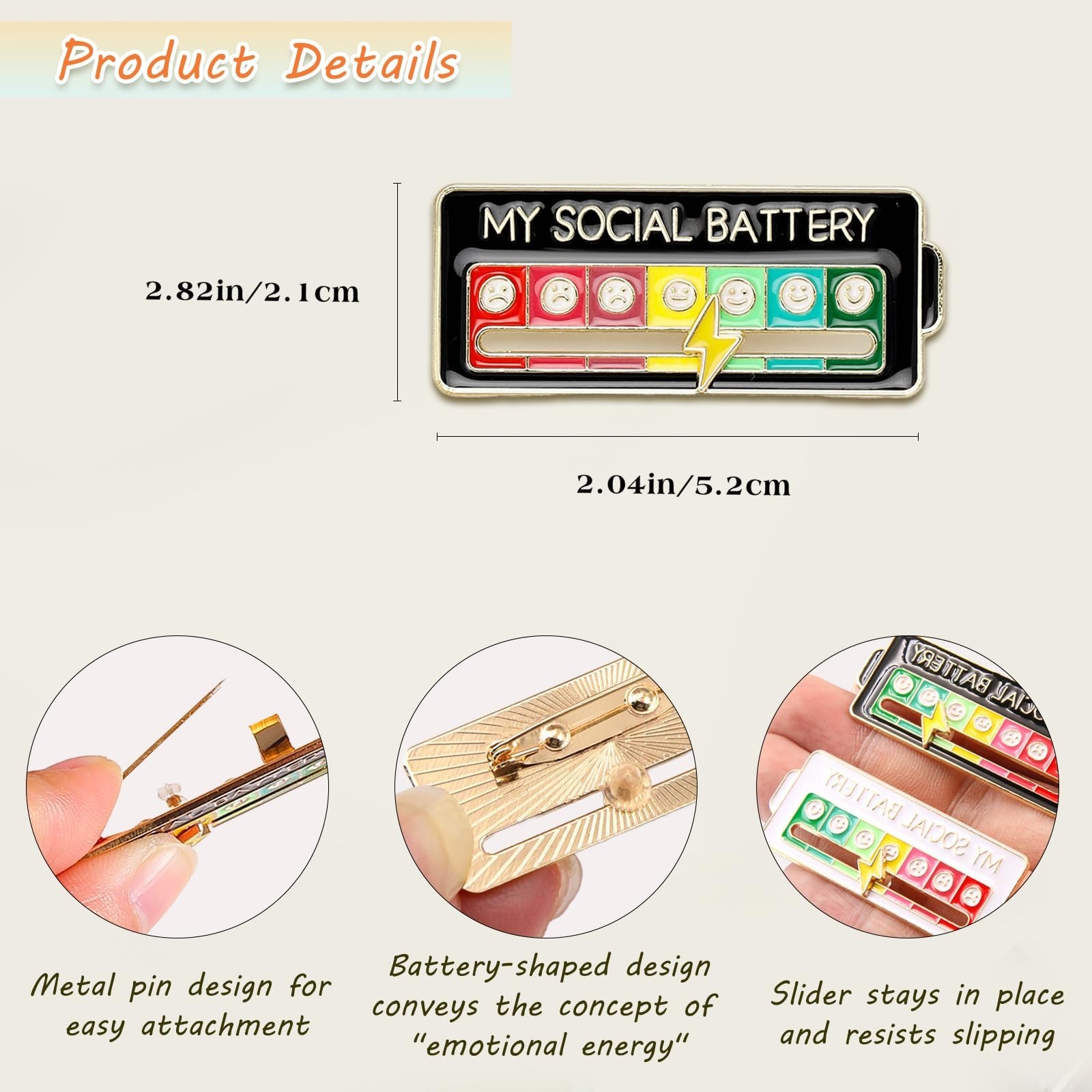 Black/White Social Battery Slider Pin, 7‑Day Funny Mood Brooch for Bags & Hats