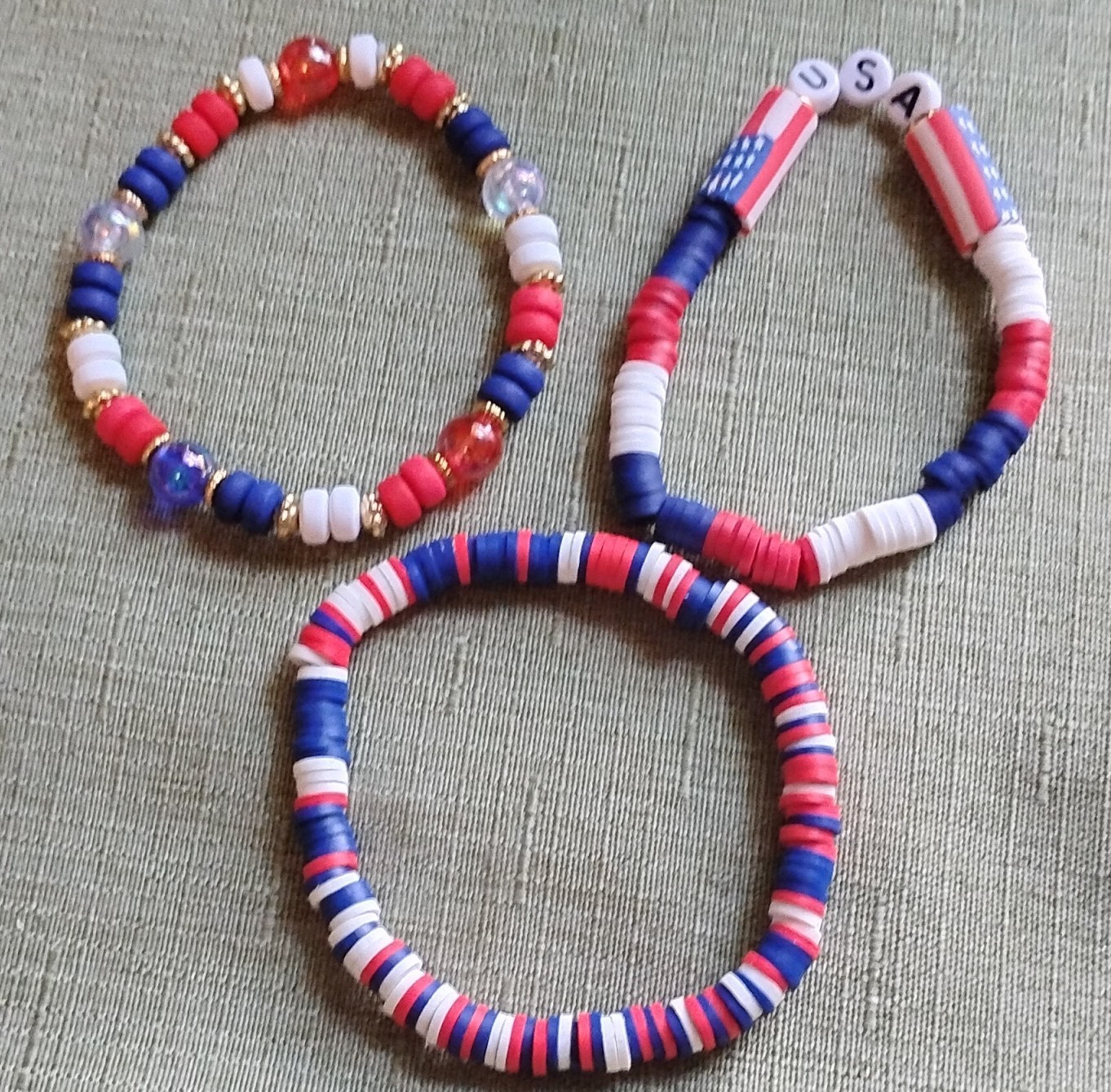 Set of 3 USA Red White Blue Stretch Bracelet Stackables. 5016