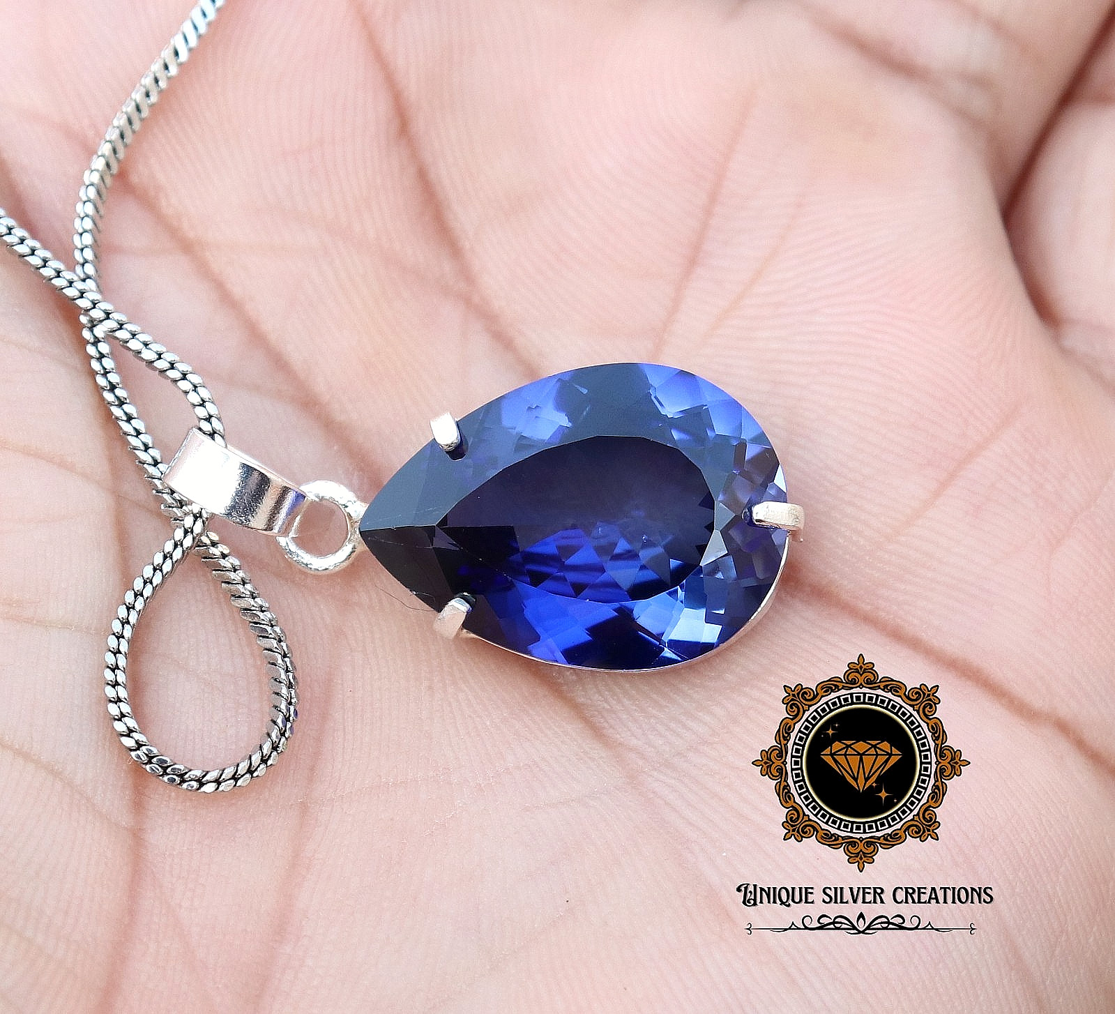 Natural Blue Tanzanite Certified Pear Gemstone 925 Solid Silver Pendant 23.20 Ct