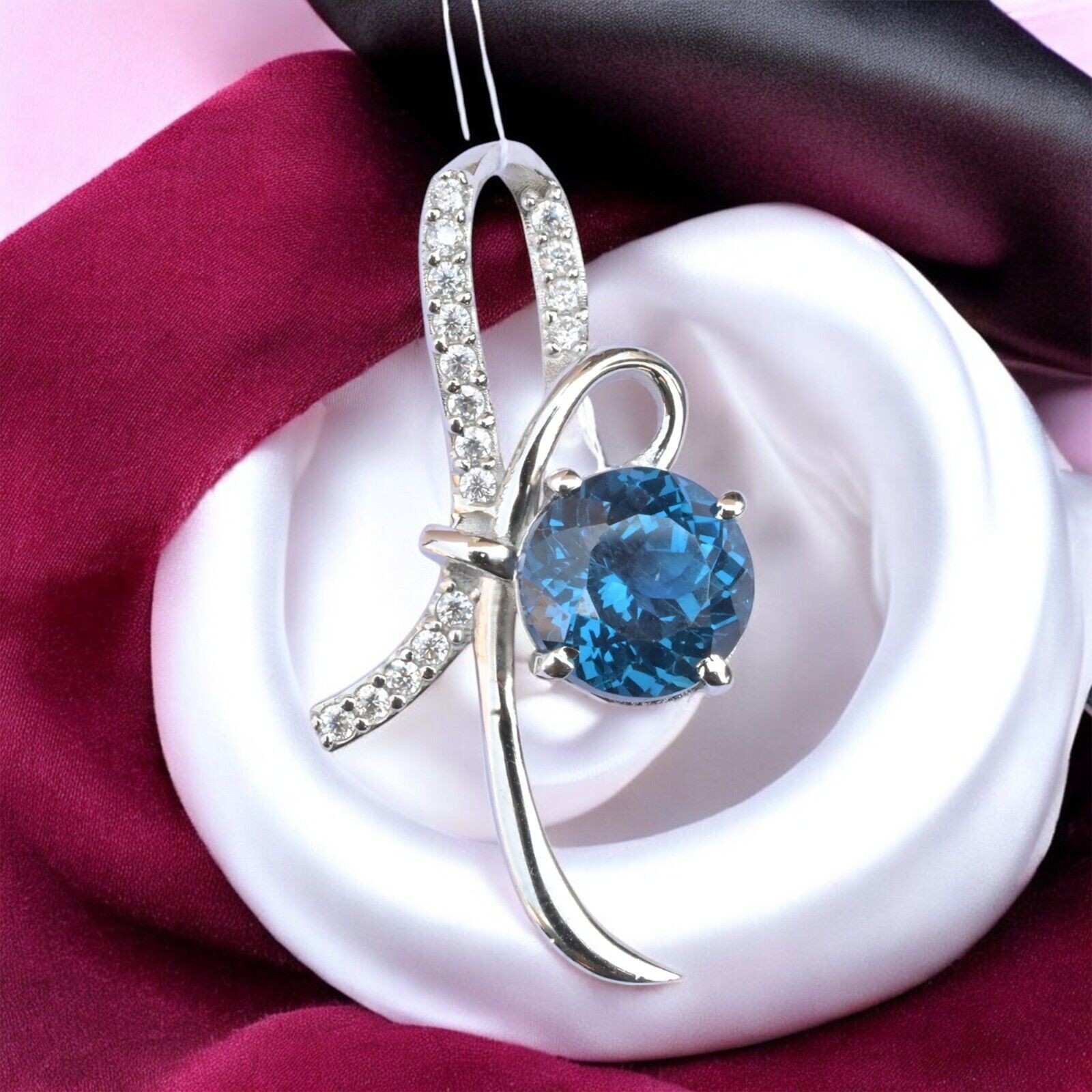 2.30Ct Round Cut Simulated London Blue Topaz Pendant Chain 14k White Gold Plated